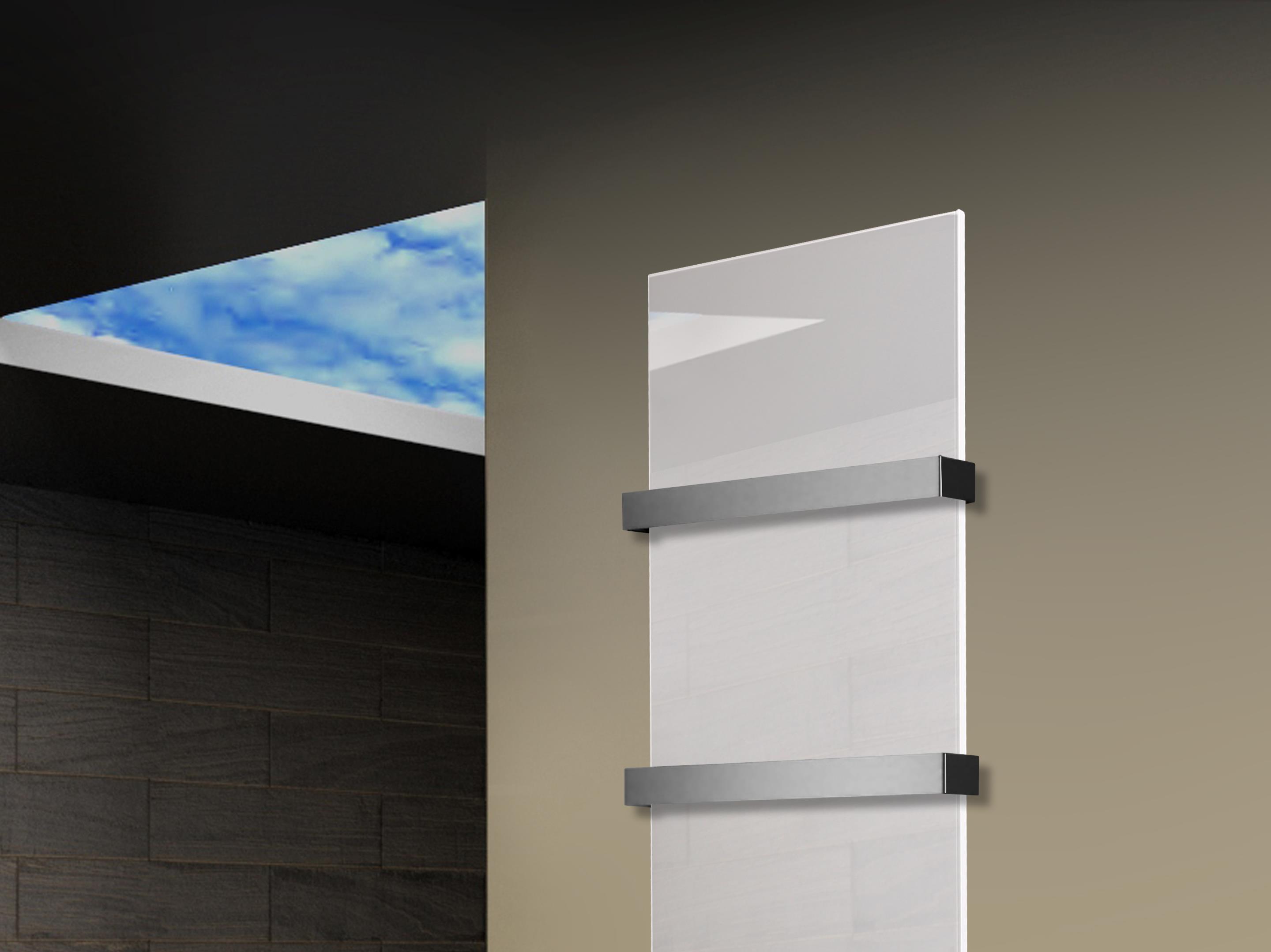 Badheizkörper mit Glas Design Montevideo 3 (Glasfront) 180x47cm 1118 Watt weiß +2 Halter 50mm SZAGATO Designheizkörper Mittelanschluss Handtuchwärmer