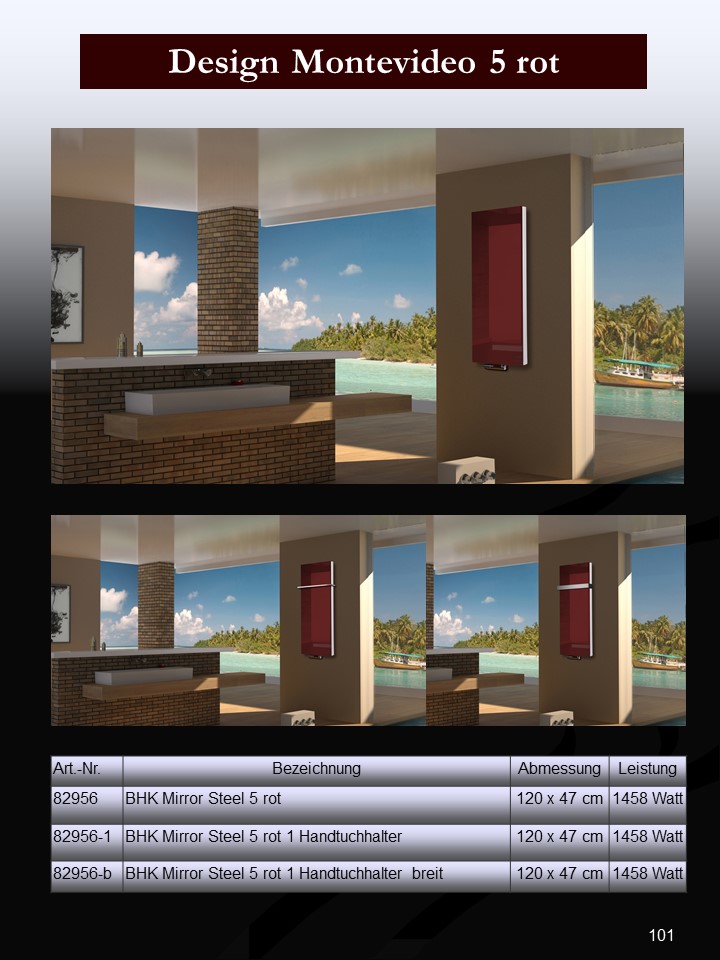 BADHEIZKÖRPER Glas Montevideo 5 Glasfront 120x47cm 1458 Watt rot +1 Halter 50mm SZAGATO Designheizkörper Handtuchheizkörper mit Mittelanschluss
