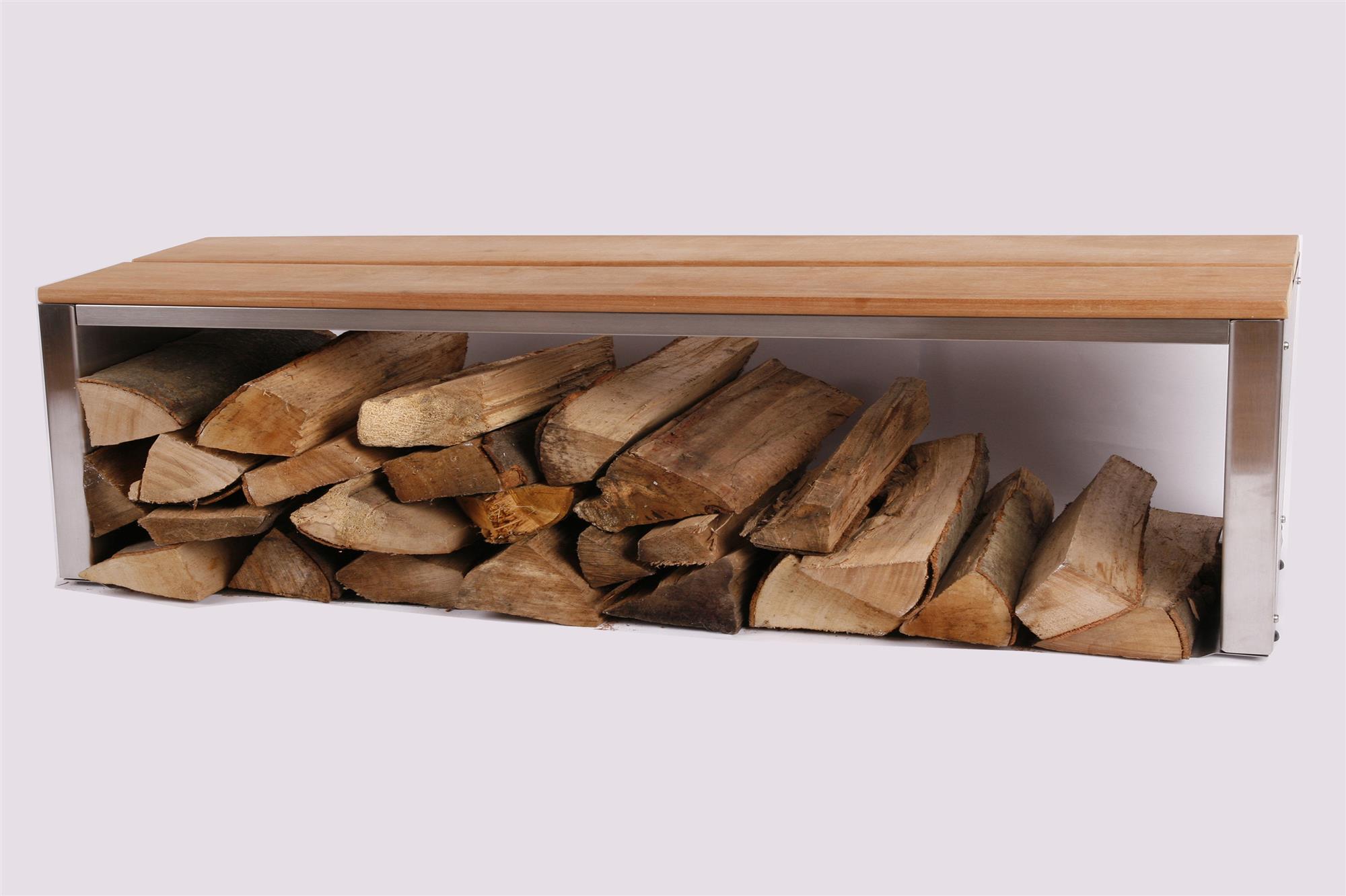 Sitzbank mit Holzlager 200x30cm, Edelstahl (Holzlagerbank, Bank mit Kaminholz / Brennnholz) 
