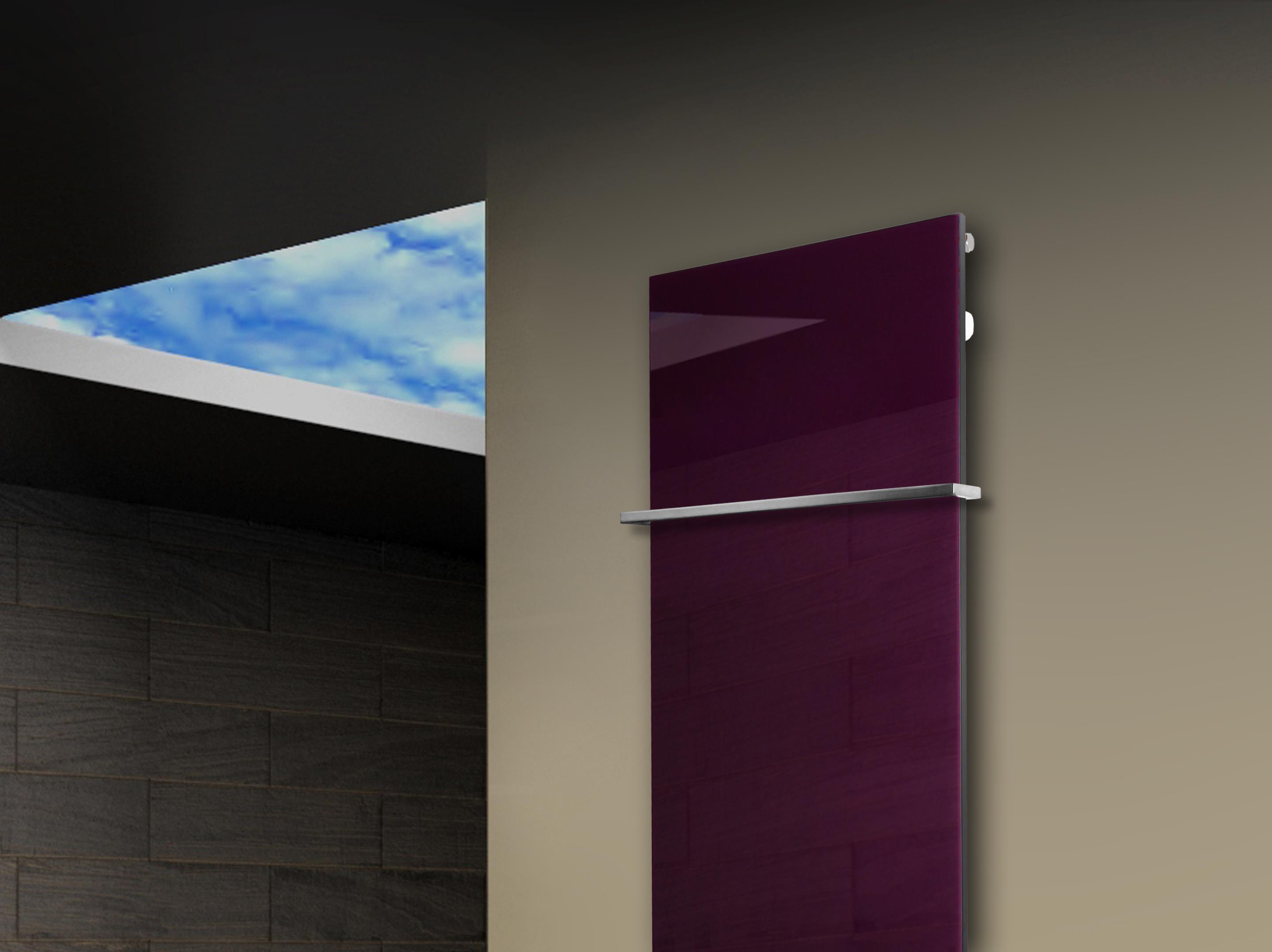 Badheizkörper mit Glas Design Montevideo 3 Glasfront 180x47cm 1118 Watt violett (+1 Halter 15mm) SZAGATO Handtuchheizkörper mit Mittelanschluss
