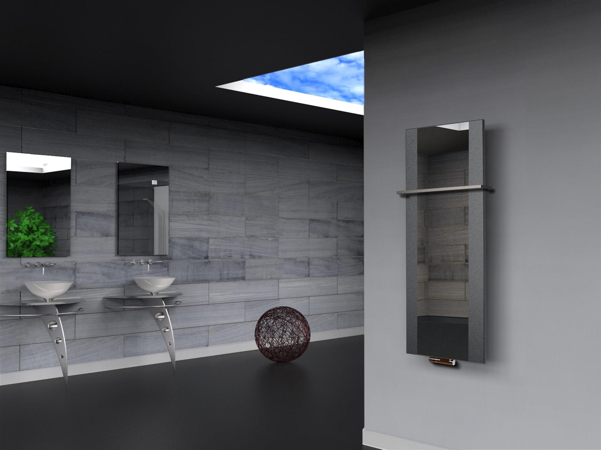 BADHEIZKÖRPER mit Spiegel Design Singapur 2 120x47cm 799 Watt anthrazit - moon (+1 Halter 15mm) SZAGATO Designheizkörper mit Mittelanschluss