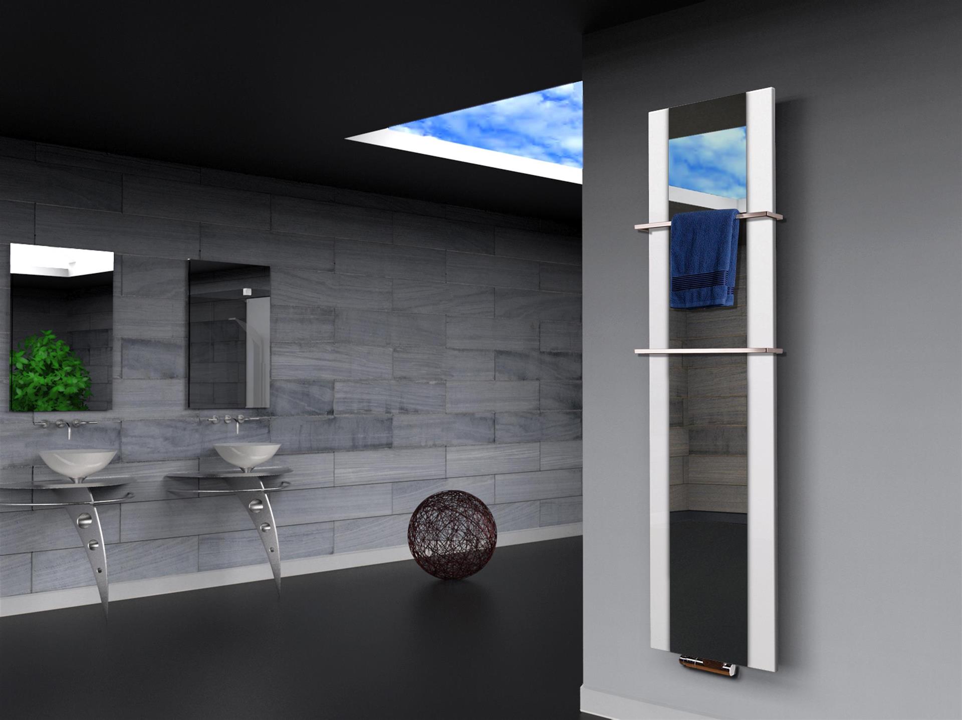 BADHEIZKÖRPER mit Spiegel Design Singapur 3 180x47cm 1118 Watt weiß  (+2 Halter 15mm) SZAGATO Designheizkörper mit Mittelanschluss Handtuchwärmer