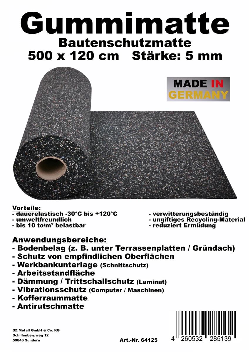 Bautenschutzmatte Gummi 500x125x0,5cm SZAGATO Gummimatte Gummigranulatmatte Antirutschmatte Gummi Granulat Matte recycelt