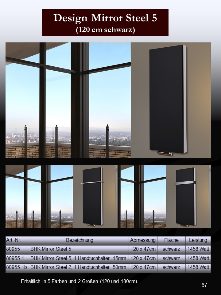 BADHEIZKÖRPER Design Mirror Steel 5 120x47cm 1458 Watt schwarz (+1 Halter 15mm) SZAGATO Designheizkörper Handtuchheizkörper mit Mittelanschluss