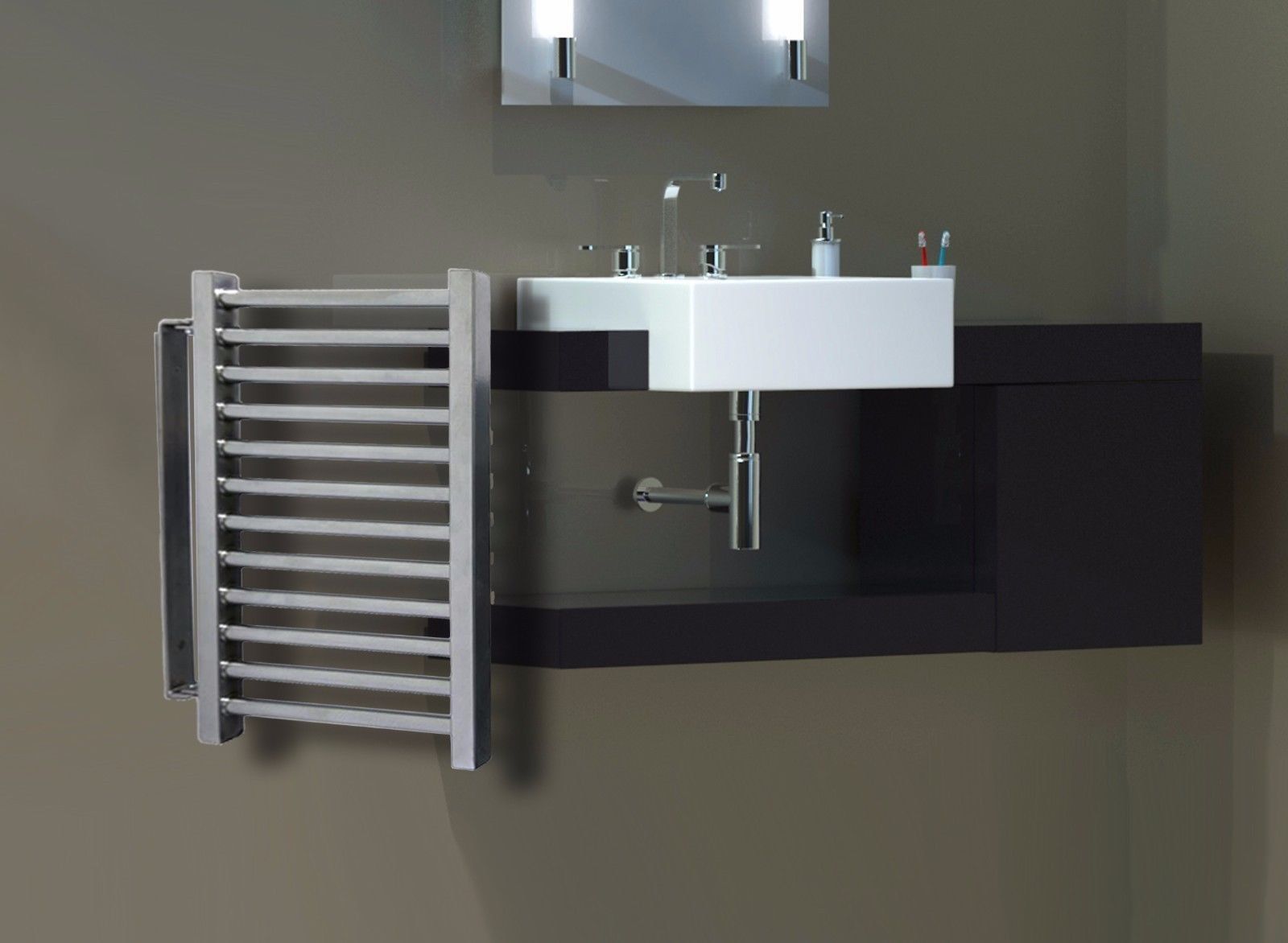 BADHEIZKÖRPER Design Köln schwenkbar 50x35cm Edelstahloptik inkl. 150 Watt Heizstab Marke SZAGATO Bad Heizkörper (Seitenanschluss)