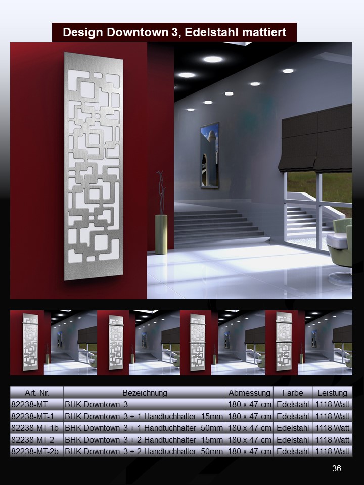 BADHEIZKÖRPER Design Downtown 3 180x47cm 1118 Watt Edelstahl matt (+2 Halter 50mm) SZAGATO Designheizkörper Handtuchheizkörper mit Mittelanschluss