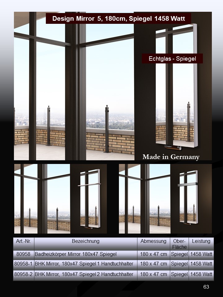 BADHEIZKÖRPER mit Spiegel Design Mirror 6 180x47cm 1964Watt Edelstahl +2 Halter glänzend 50mm SZAGATO Designheizkörper Mittelanschluss Handtuchwärmer