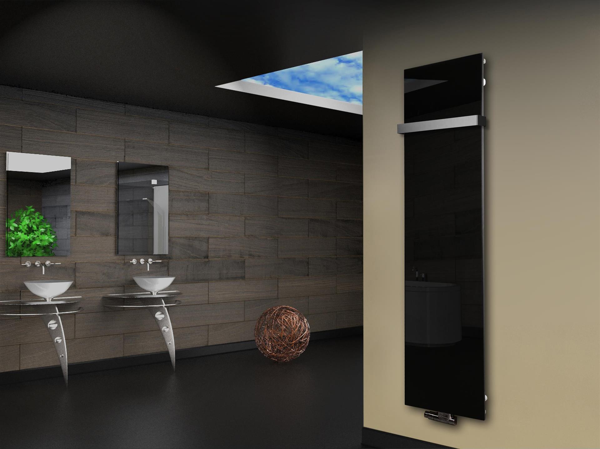 Badheizkörper mit Glas Design Montevideo 3 Glasfront 180x47cm 1118 Watt schwarz (+1 Halter 50mm) SZAGATO Designheizkörper mit Mittelanschluss