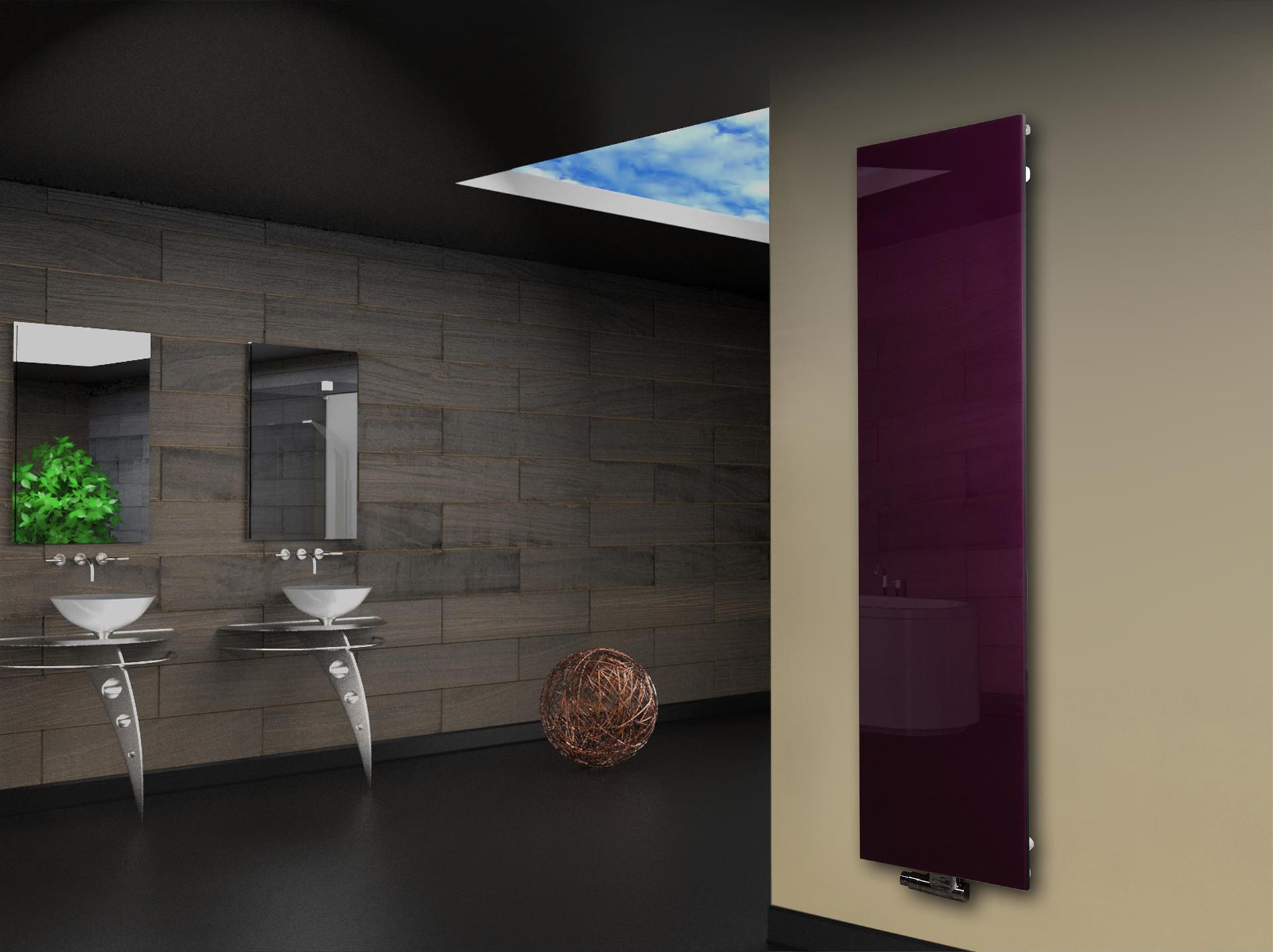Badheizkörper mit Glas Design Montevideo 3 Glasfront 180x47cm 1118 Watt violett SZAGATO Design Handtuchheizkörper mit Mittelanschluss Handtuchwärmer