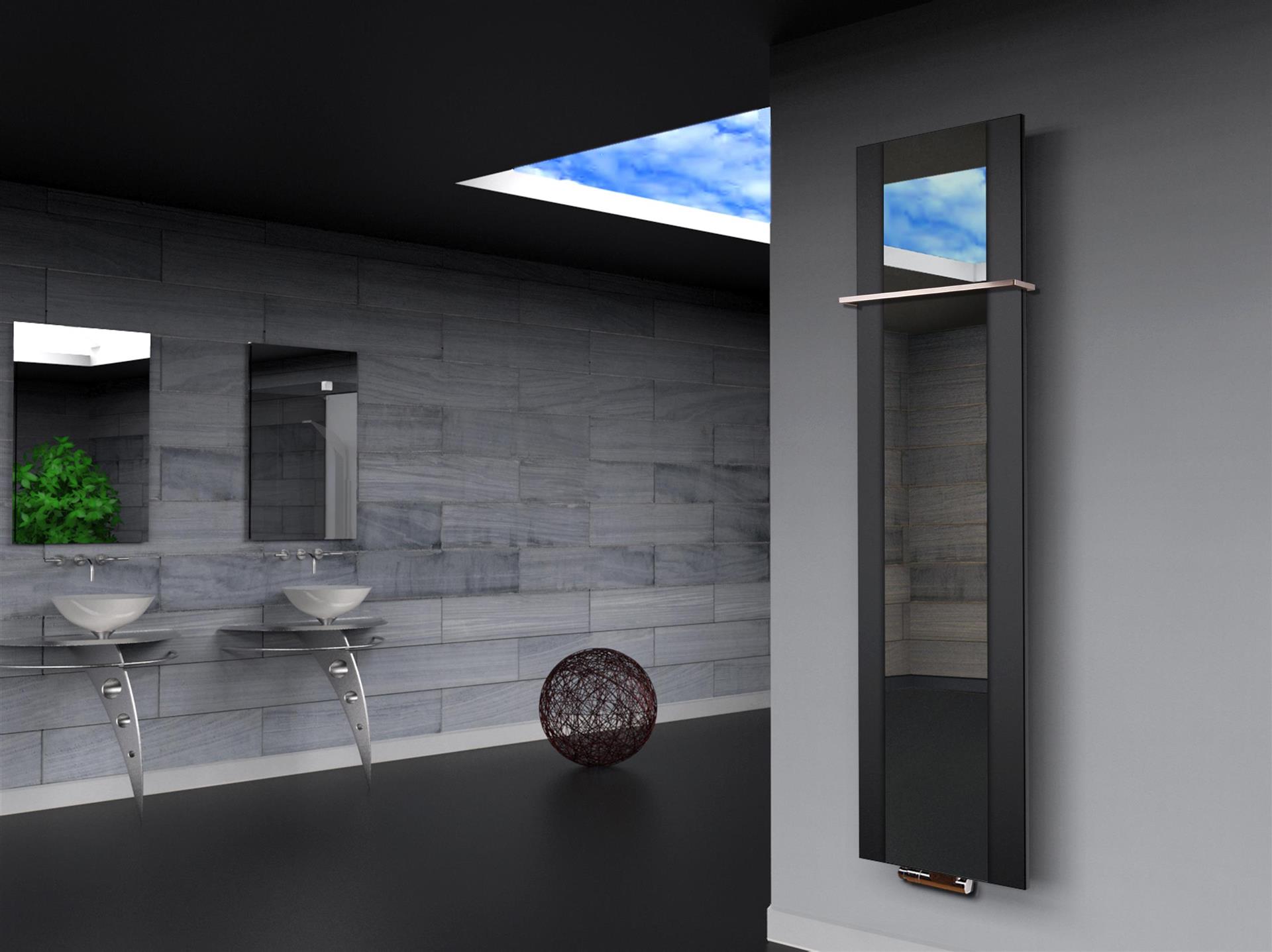 BADHEIZKÖRPER mit Spiegel Design Singapur 3 180x47cm 1118 Watt schwarz (+1 Halter 15mm) SZAGATO Designheizkörper Mittelanschluss Handtuchwärmer