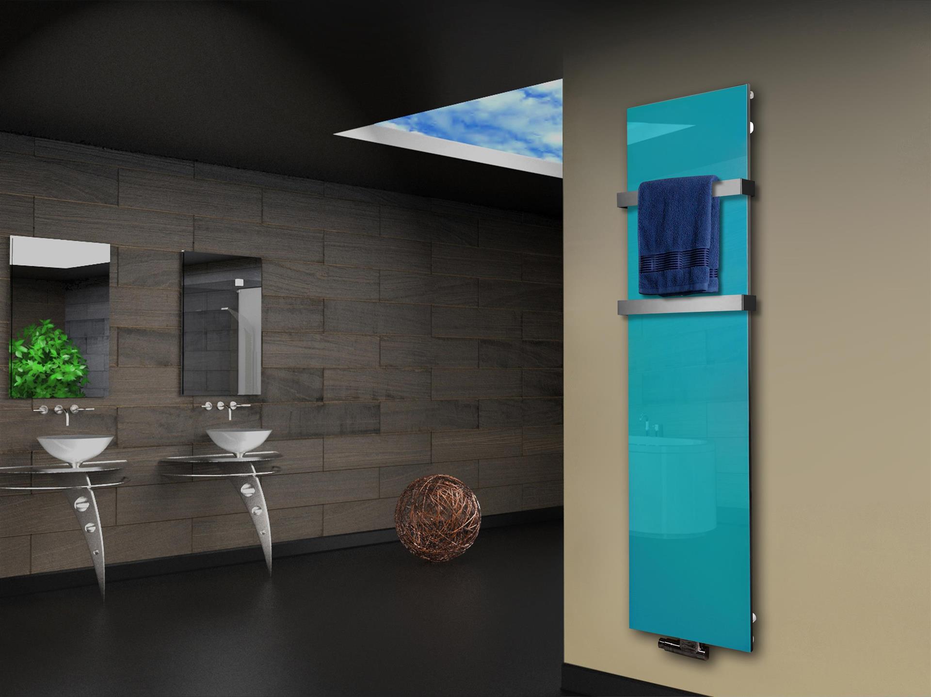 Badheizkörper mit Glas Design Montevideo 3 Glasfront 180x47cm 1118 Watt türkis +2 Halter 50mm SZAGATO Designheizkörper Mittelanschluss Handtuchwärmer