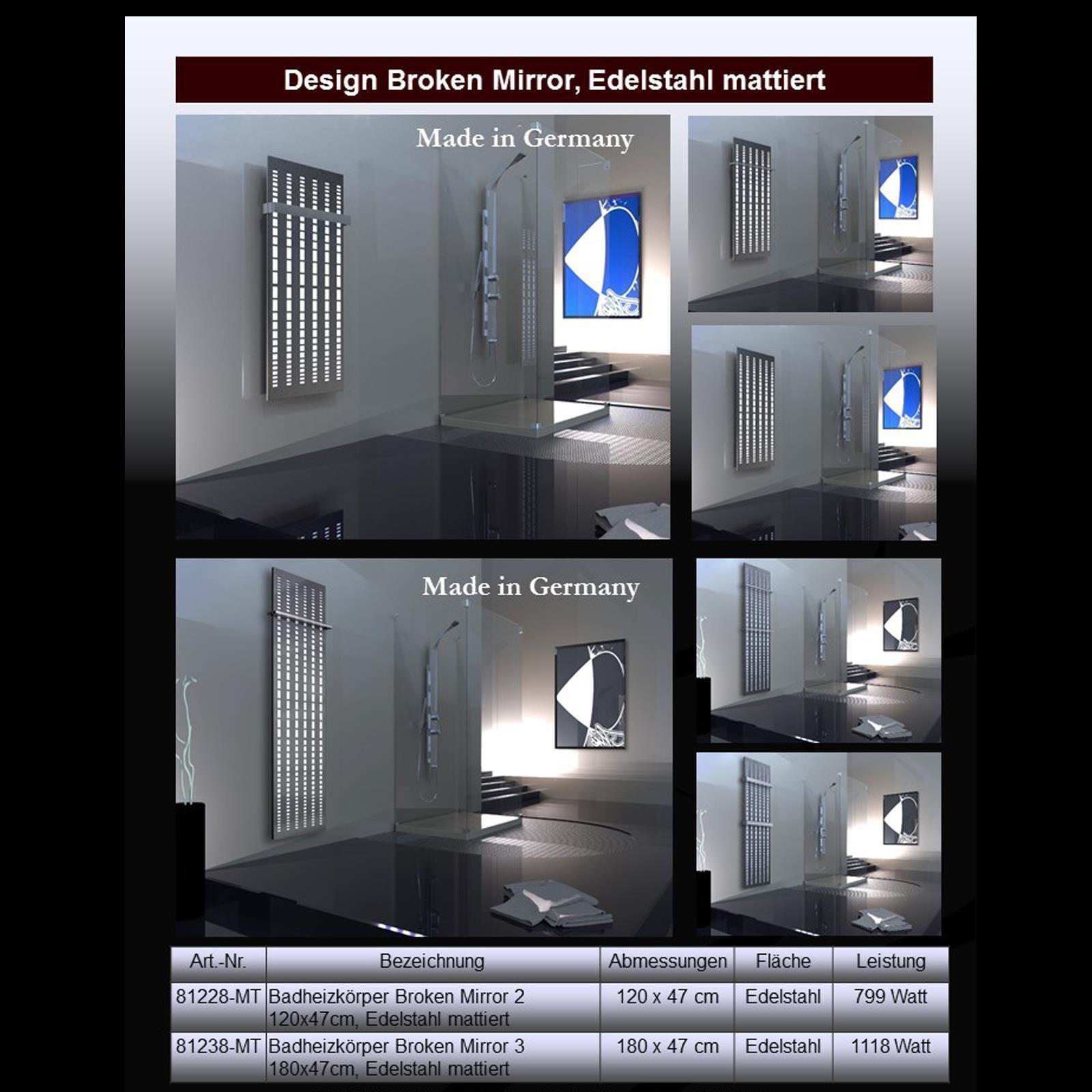 BADHEIZKÖRPER Design broken Mirror 3 180x47cm 1118 Watt Edelstahl matt (+2 Halter 15mm) SZAGATO Designheizkörper mit Mittelanschluss Handtuchwärmer