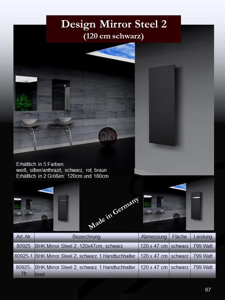 BADHEIZKÖRPER Design Mirror Steel 2 120x47cm 799 Watt schwarz (+1 Halter 30mm) SZAGATO Handtuchheizkörper mit Mittelanschluss Handtuchwärmer