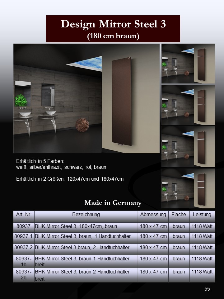 BADHEIZKÖRPER Design Mirror Steel 3 180x47cm 1118 Watt braun (+2 Halter 30mm) SZAGATO Handtuchheizkörper mit Mittelanschluss Handtuchwärmer