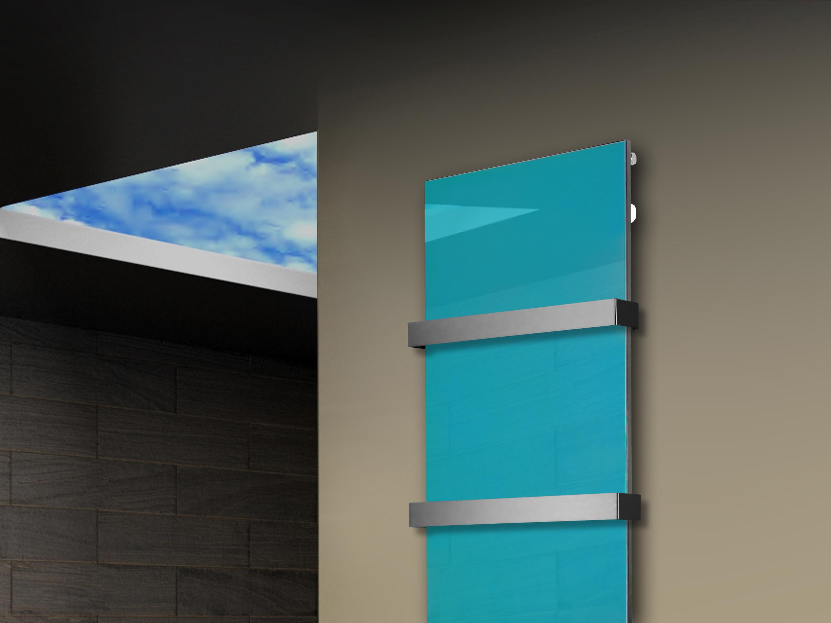 Badheizkörper mit Glas Design Montevideo 3 Glasfront 180x47cm 1118 Watt türkis +2 Halter 50mm SZAGATO Designheizkörper Mittelanschluss Handtuchwärmer