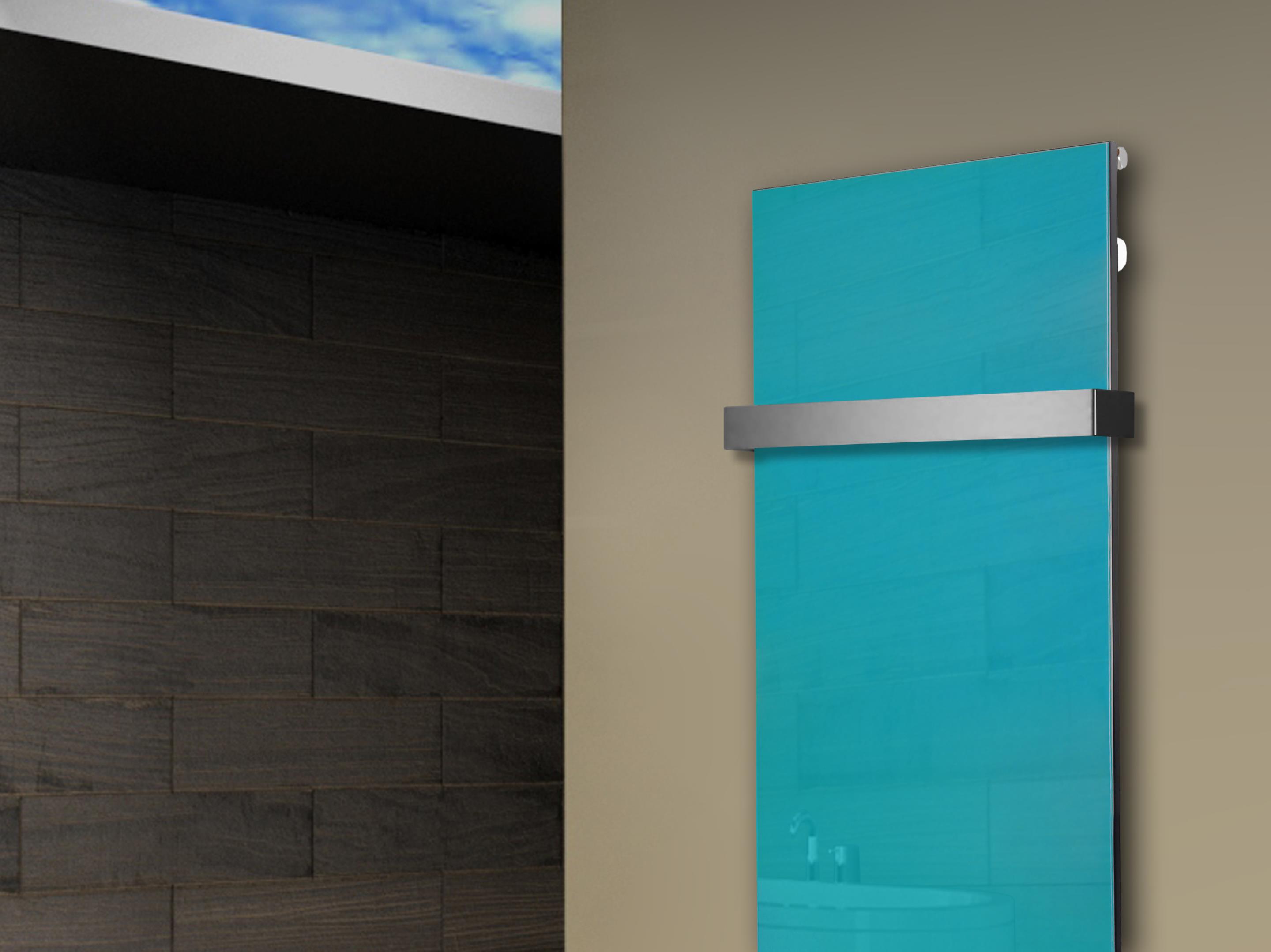 Badheizkörper mit Glas Design Montevideo 2 Glasfront 120x47cm 799 Watt türkis +1 Halter 50mm SZAGATO Designheizkörper Mittelanschluss Handtuchwärmer