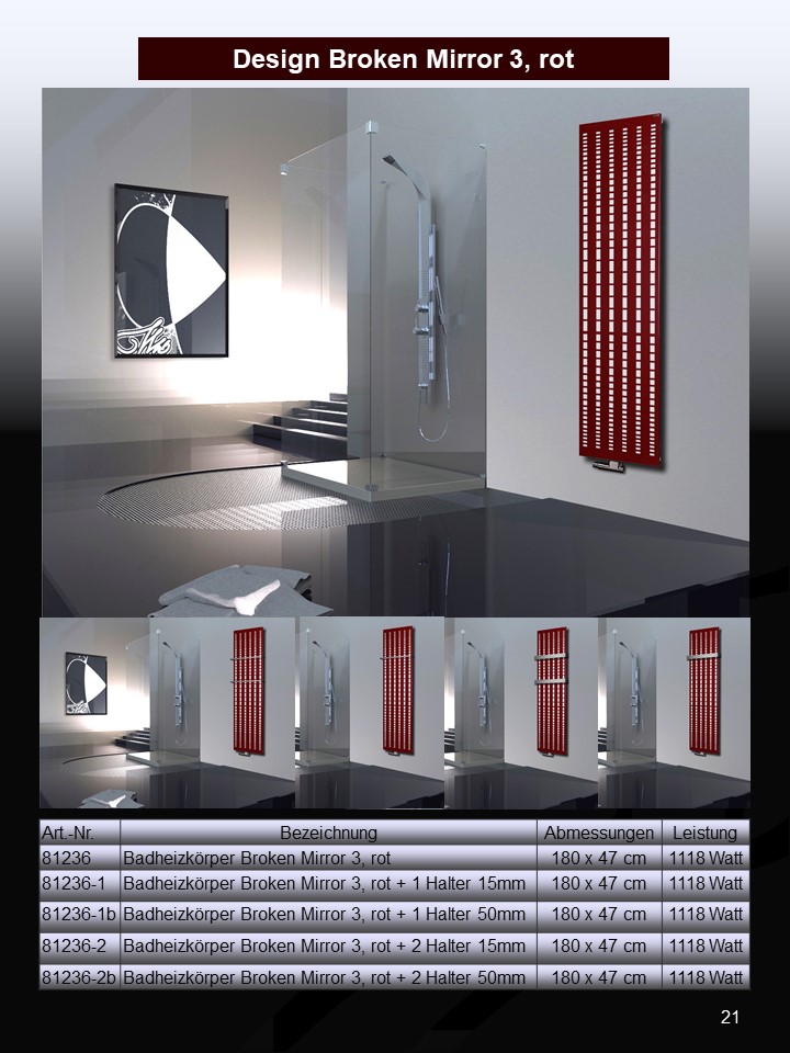 BADHEIZKÖRPER Design broken Mirror 3 180x47cm 1118 Watt rot +2 Halter 15mm SZAGATO Designheizkörper Handtuchheizkörper Mittelanschluss Handtuchwärmer