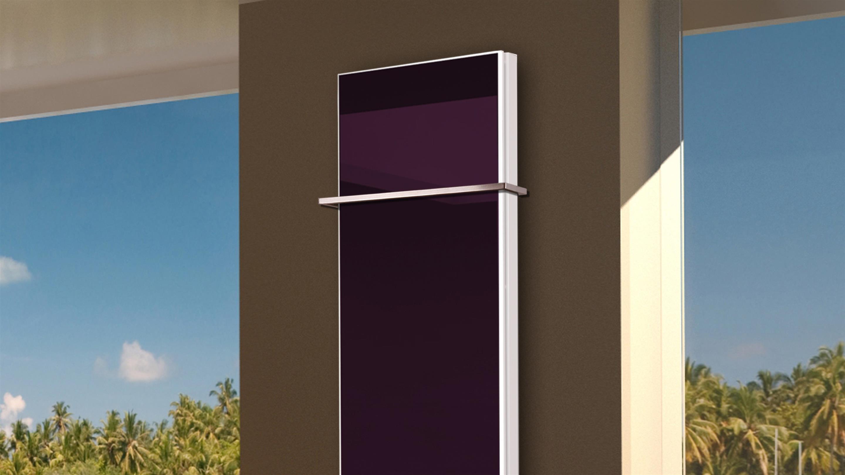 BADHEIZKÖRPER mit Glas Montevideo 6 Glasfront 180x47cm 1964 Watt violett +1 Halter 15mm SZAGATO Designheizkörper Handtuchheizkörper Mittelanschluss