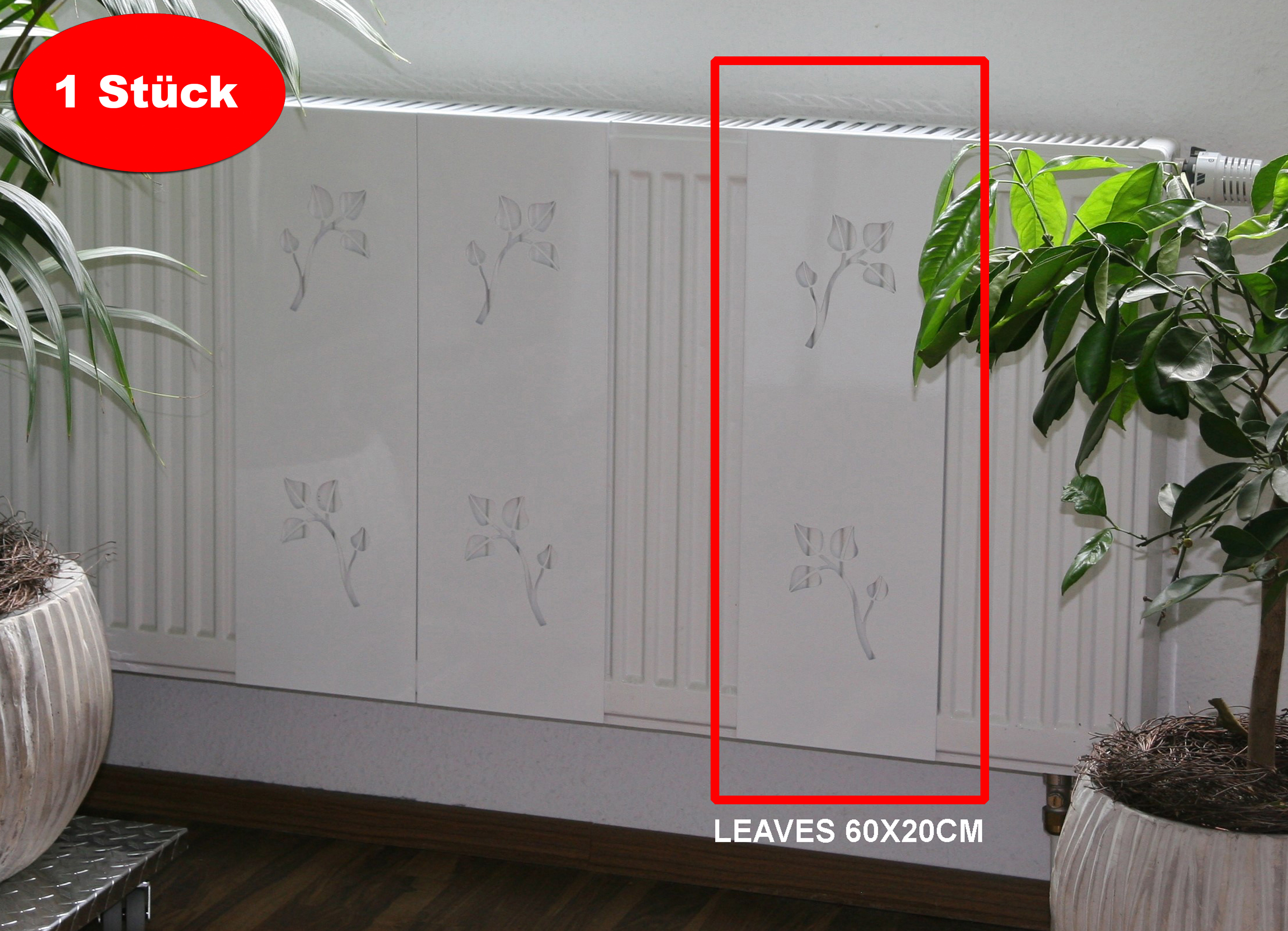 Heizkörperverkleidung 60 x 20cm Design Leaves weiß 1 Stück SZAGATO Heizungsverkleidung Verkleidung Heizkörper Abdeckung Heizkörper Heizungsabdeckung
