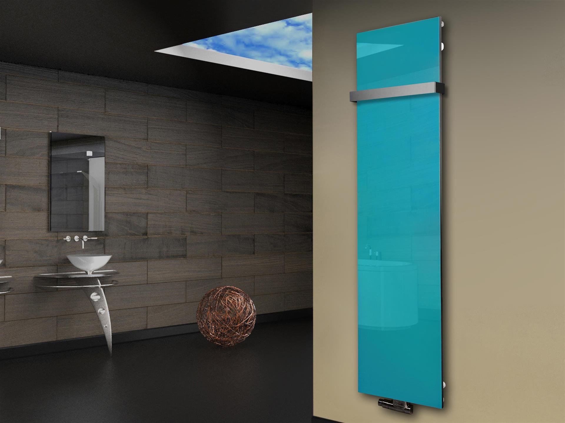 Badheizkörper mit Glas Design Montevideo 3 Glasfront 180x47cm 1118 Watt türkis +1 Halter 50mm SZAGATO Designheizkörper Mittelanschluss Handtuchwärmer