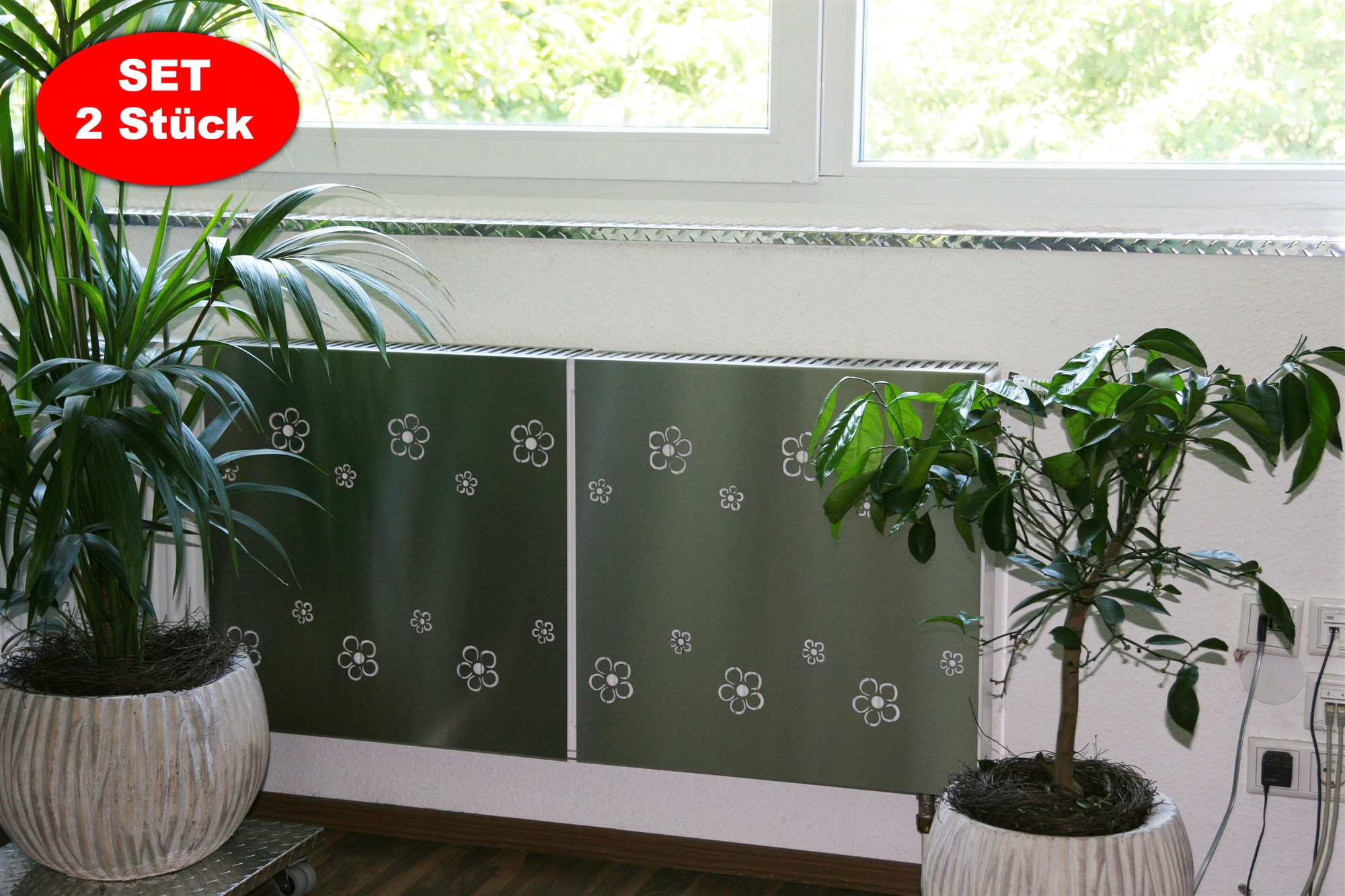 Heizkörperverkleidung Edelstahl 60 x 60cm Design Flower Frame (2 Stück) SZAGATO Heizungsverkleidung Verkleidung Heizkörper Abdeckung für Heizkörper