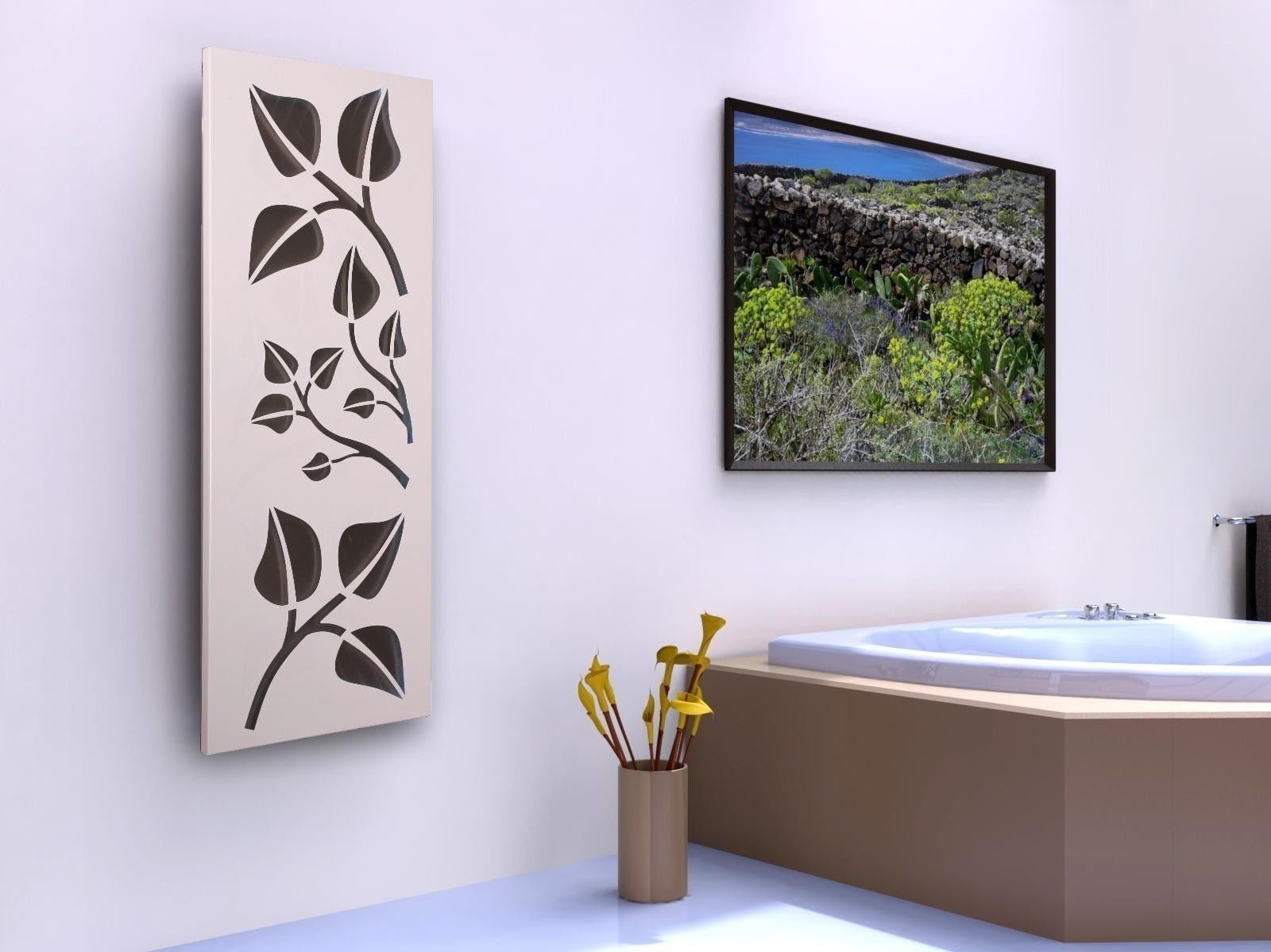 Badheizkörper mit LED Design Leaves 2 120x47cm 799 Watt weiß SZAGATO Designheizkörper Handtuchheizkörper mit Mittelanschluss Handtuchwärmer