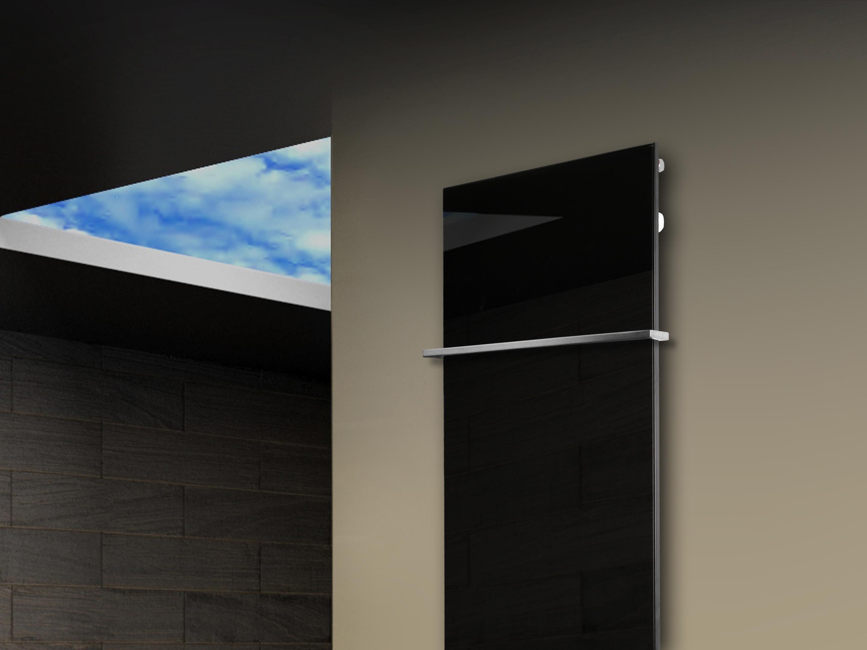 Badheizkörper mit Glas Design Montevideo 3 Glasfront 180x47cm 1118 Watt schwarz (+1 Halter 15mm) SZAGATO Designheizkörper mit Mittelanschluss