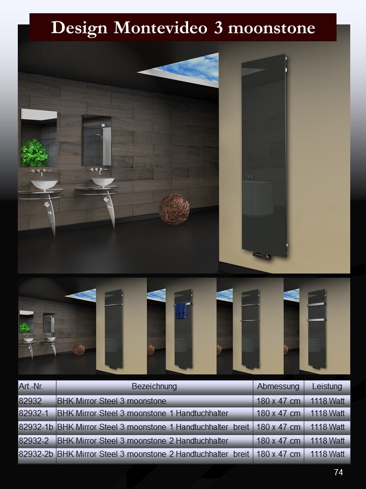 Badheizkörper mit Glas Design Montevideo 3 (Glasfront) 180x47cm 1118 Watt anthrazit - moon (+2 Halter 50mm) SZAGATO Designheizkörper Mittelanschluss