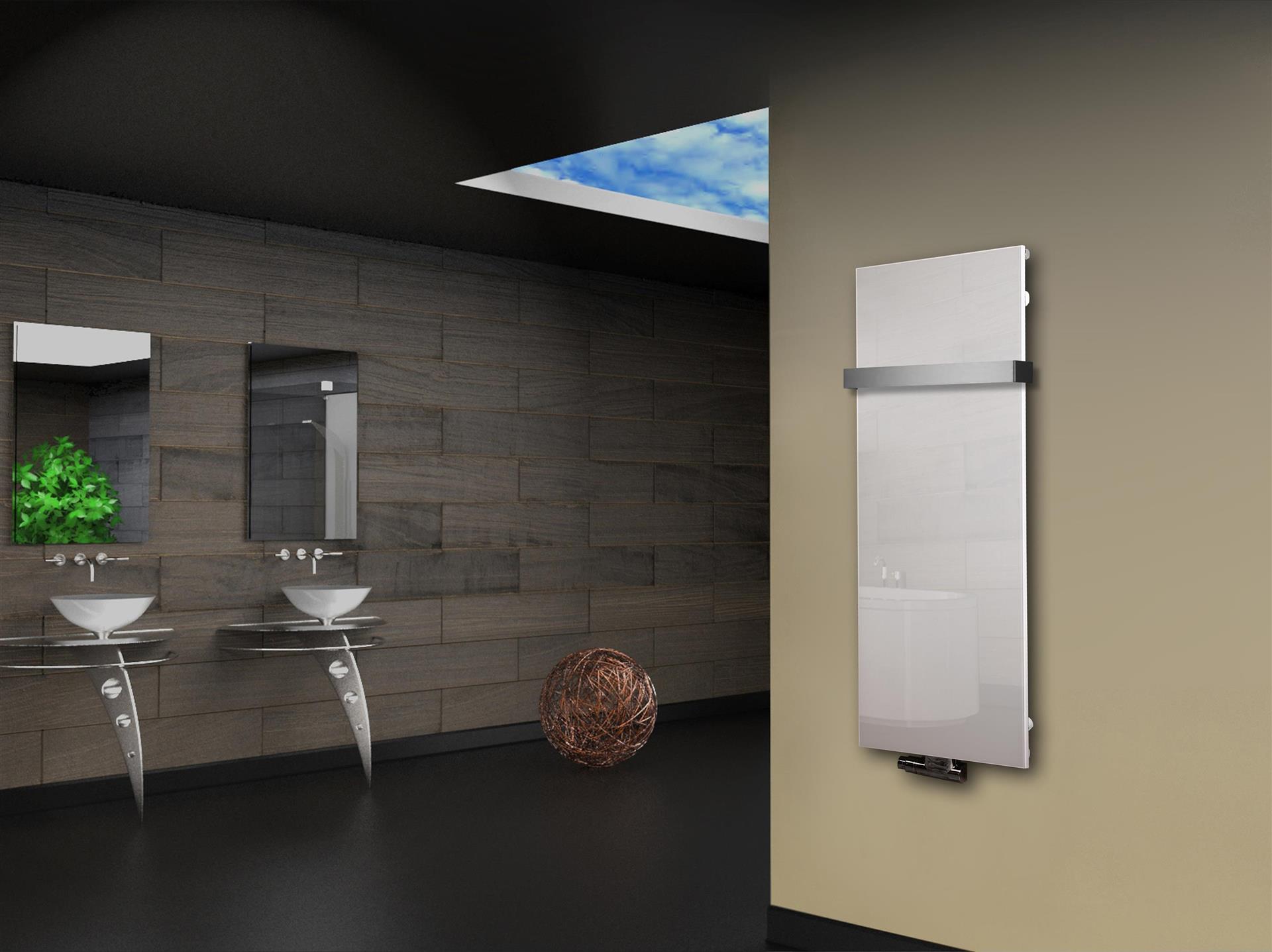 Badheizkörper mit Glas Design Montevideo 2 (Glasfront) 120x47cm 799Watt weiß (+1 Halter 50mm) SZAGATO Designheizkörper Mittelanschluss Handtuchwärmer