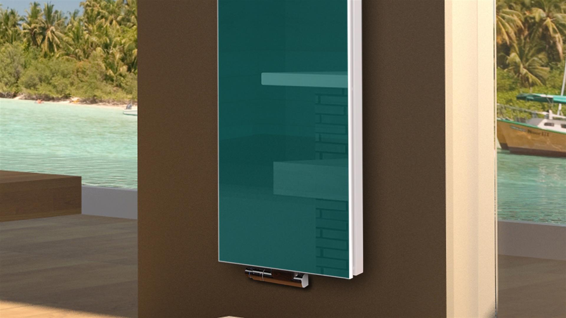 BADHEIZKÖRPER mit Glas Montevideo 6 Glasfront 180x47cm 1964Watt türkis +1 Halter 15mm SZAGATO Designheizkörper Handtuchheizkörper mit Mittelanschluss